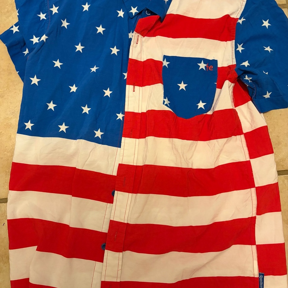 Mens tipsy elves USA American Flag Button-Up Shirt
